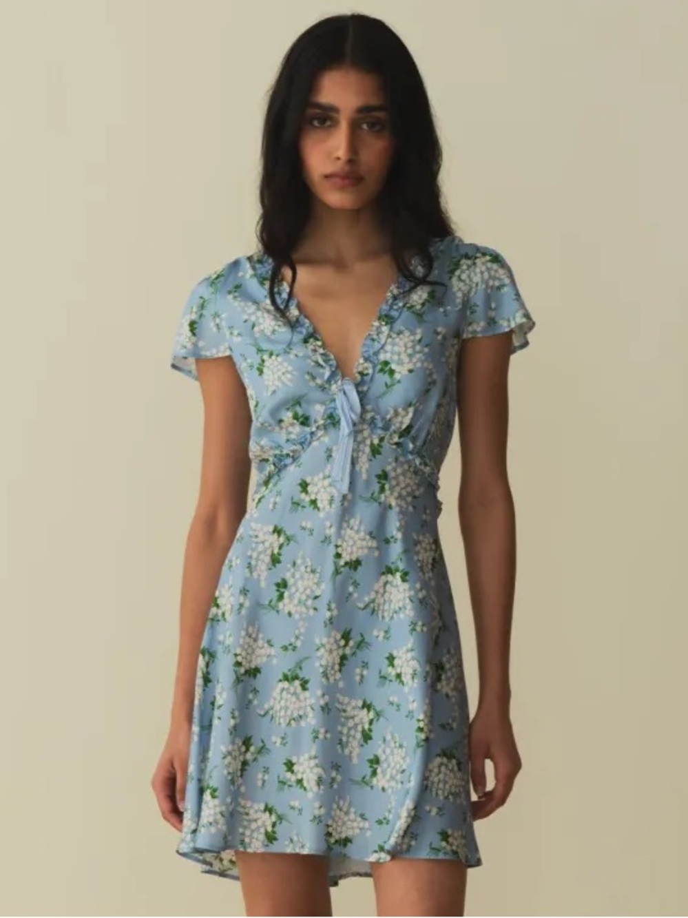 Doen Tayla Silk Ruffle V Neck Short Sleeve Mini Dress Sky May Bell Floral Blue